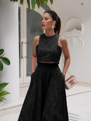 Floral Cutout Sleeveless Top And A-line Skirt Two-piece Vacation Set