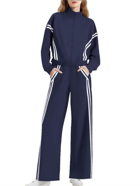 Sports Casual Suit Zipper Contrasting Colors Sweatshirts Wide-leg Pants 2-piece Sets