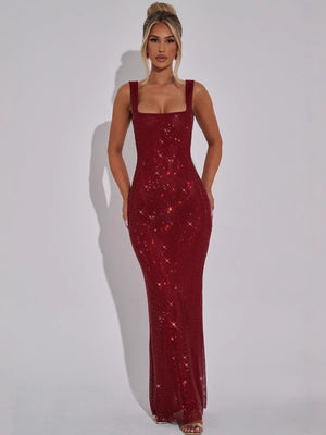 Sexy Double-strap Sequined Rhinestone Halter Top With Cinched Waist And Bodycon Silhouette Long Dress