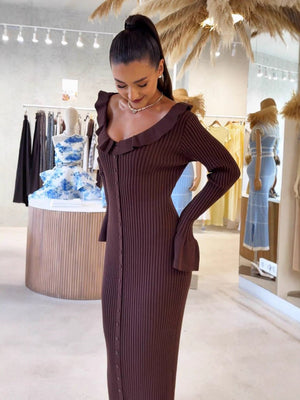 Trumpet Sleeve Ruffle Dress Single Breasted Tight Hip-Wrap Waist Sexy Sweater Long Dress