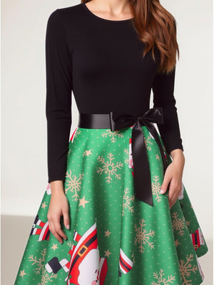 Christmas Crew Neck Splicing Long Sleeve Midi Dresses