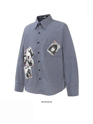 Retro Portrait Appliqué Embroidery Plaid Cleanfit Loose Shirts