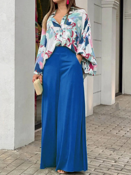 Multi-color Printed Shirt And Wide-leg Pants Two-piece Set