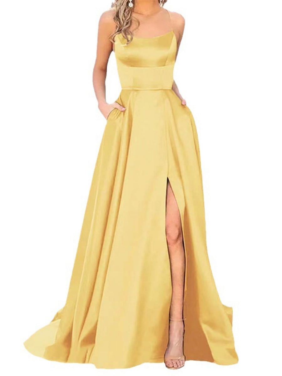 Backless Bandage Satin High Slit Bridesmaid Dresses Cocktail Party Maxi Dresses