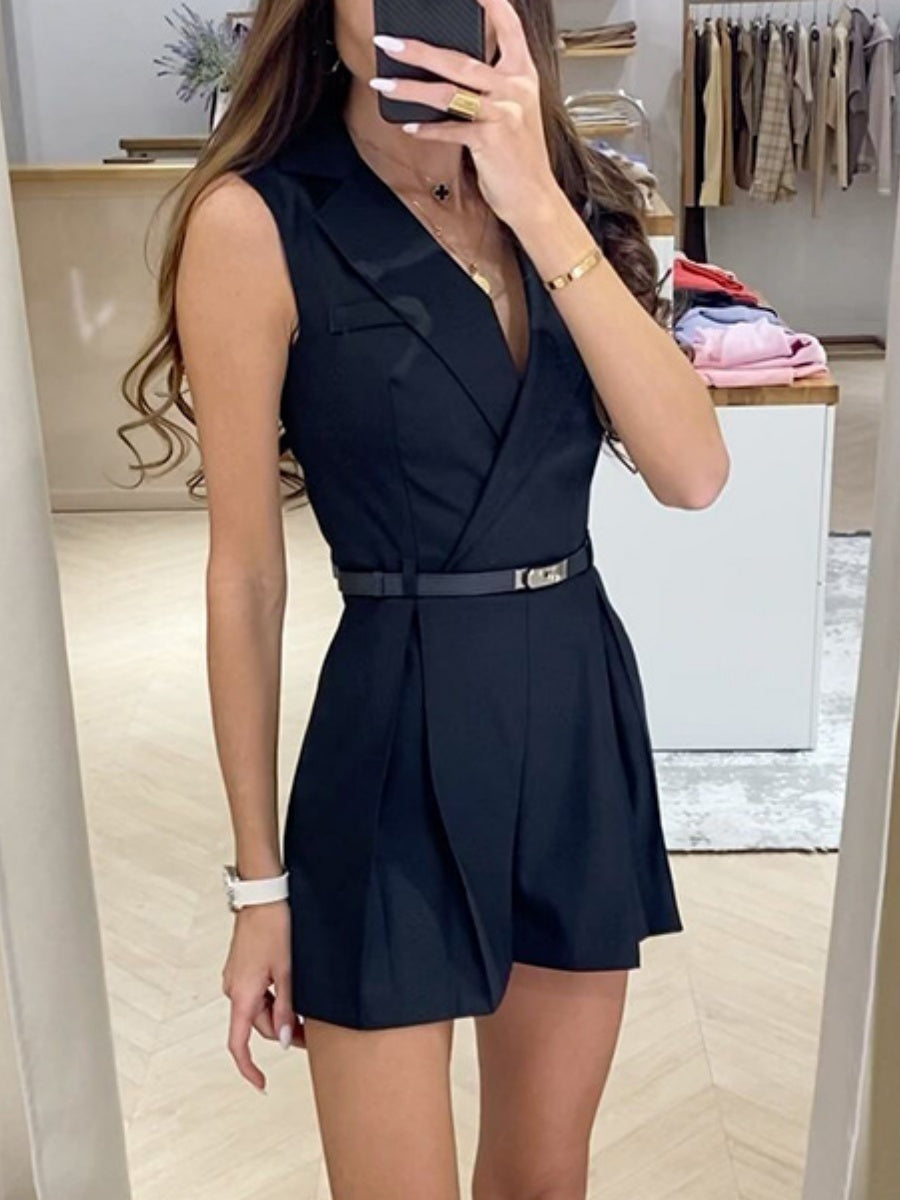 Stylish Business Suit V-neck Zipper Jumpsuit With Belt