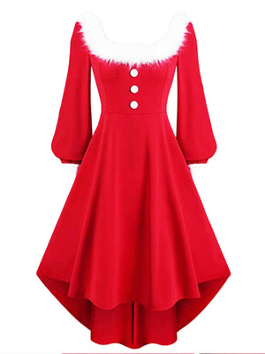 Christmas Plush Splicing Buttons Solid Color Midi Dresses