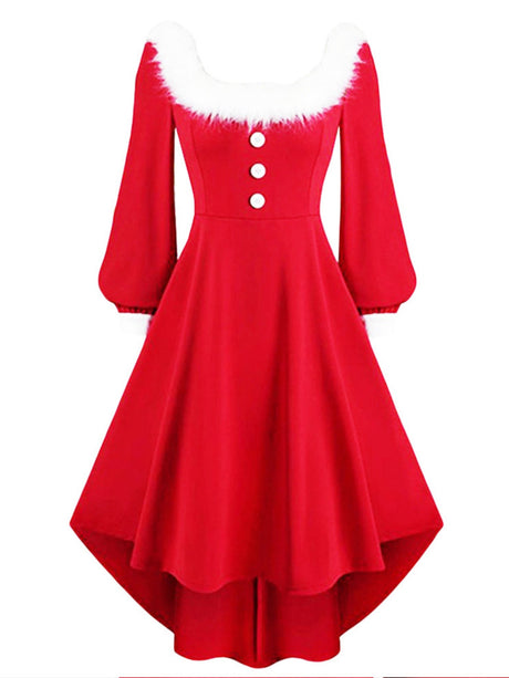 Christmas Plush Splicing Buttons Solid Color Midi Dresses