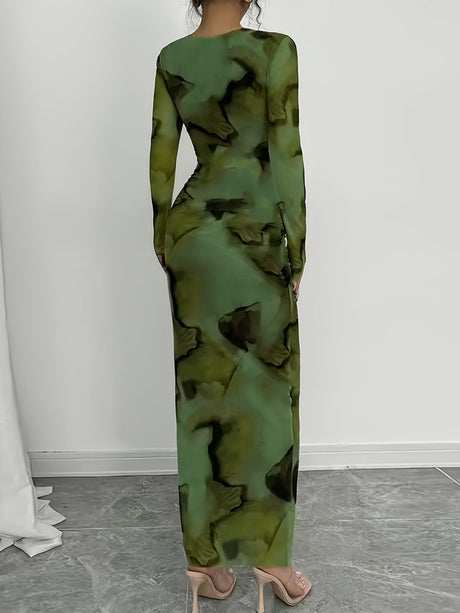 Printed Stretch Round Neck Long Sleeve Maxi Dresses