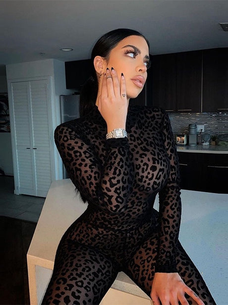 Slim-fit Long-sleeved Sexy Flocked See-through Bodysuit