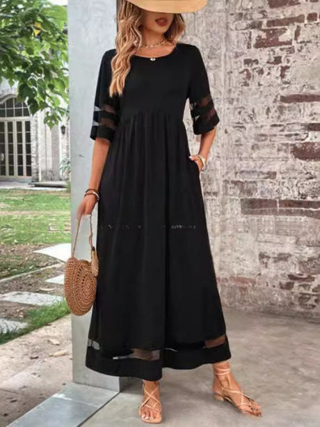 Half Sleeves Spliced Mesh Loose-fit Comfort Midi Dresses