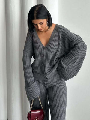 Leisure Solid Color Long Sleeve Buttons Sweaters Cardigans Pants Two-piece Suit