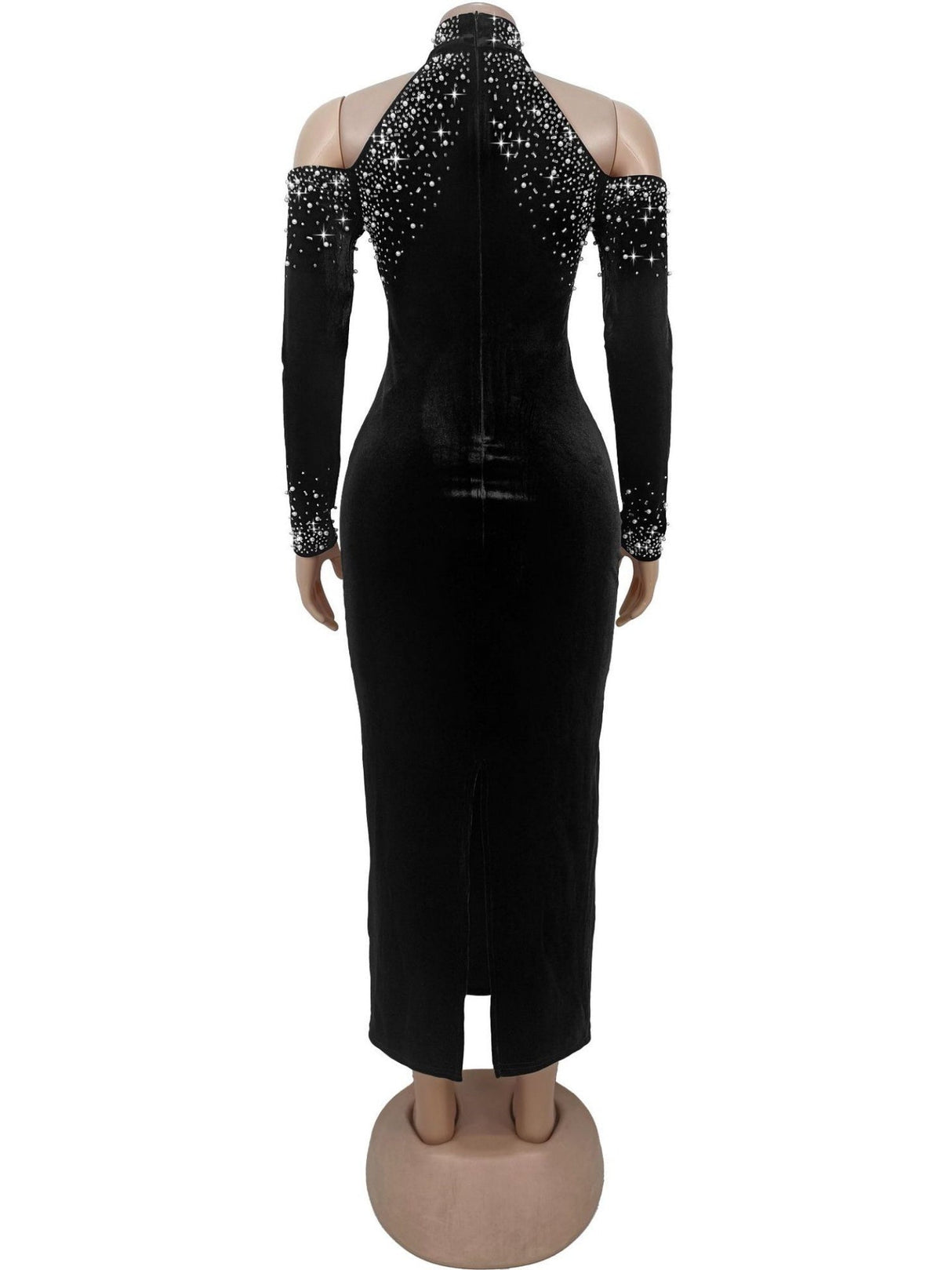 Robe de soirée maxi sans manches, ornée de strass thermocollants et de bulles, épaules dénudées