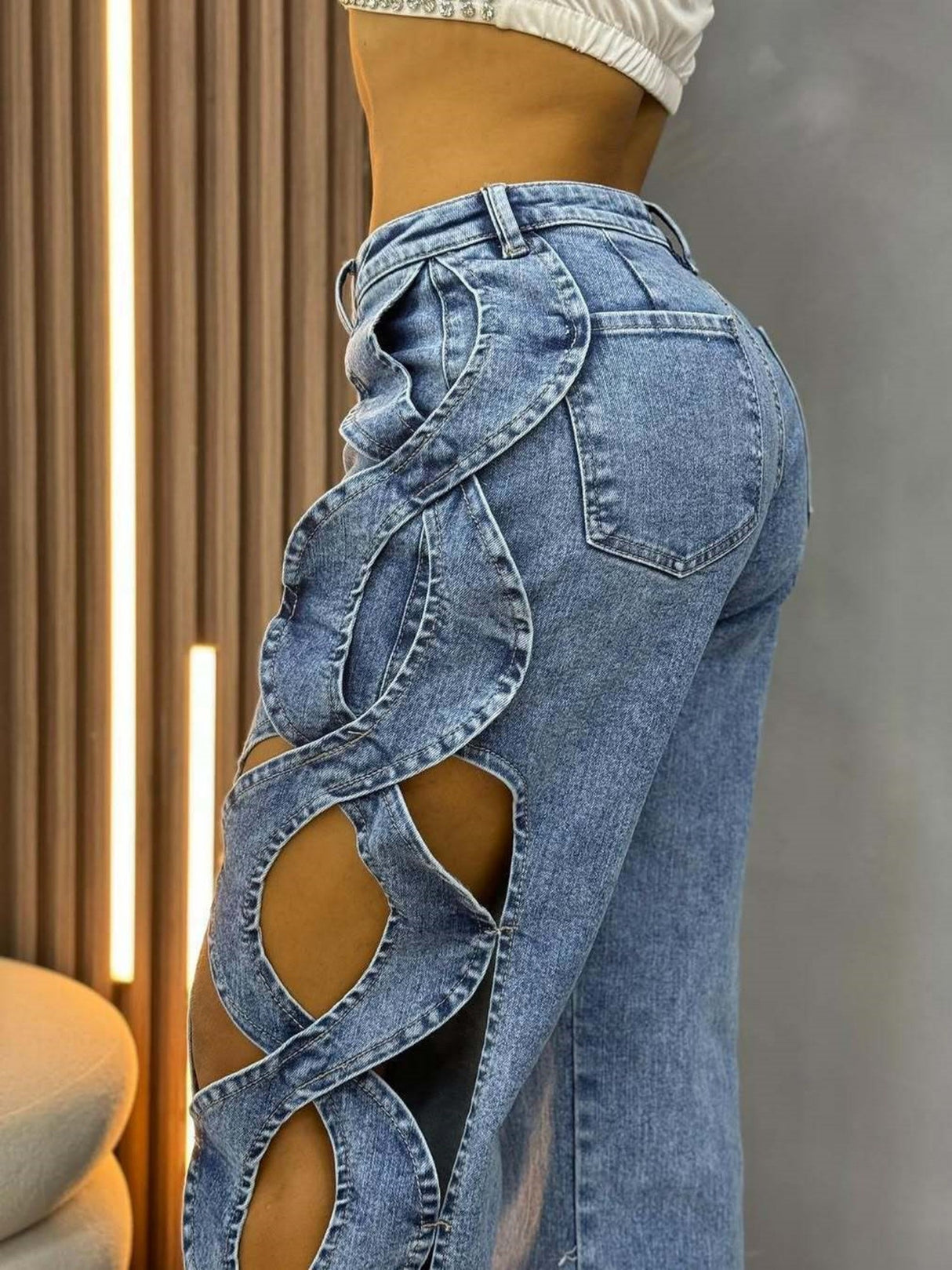 Y2K Hollowed-out Side Splicing Design Jeans
