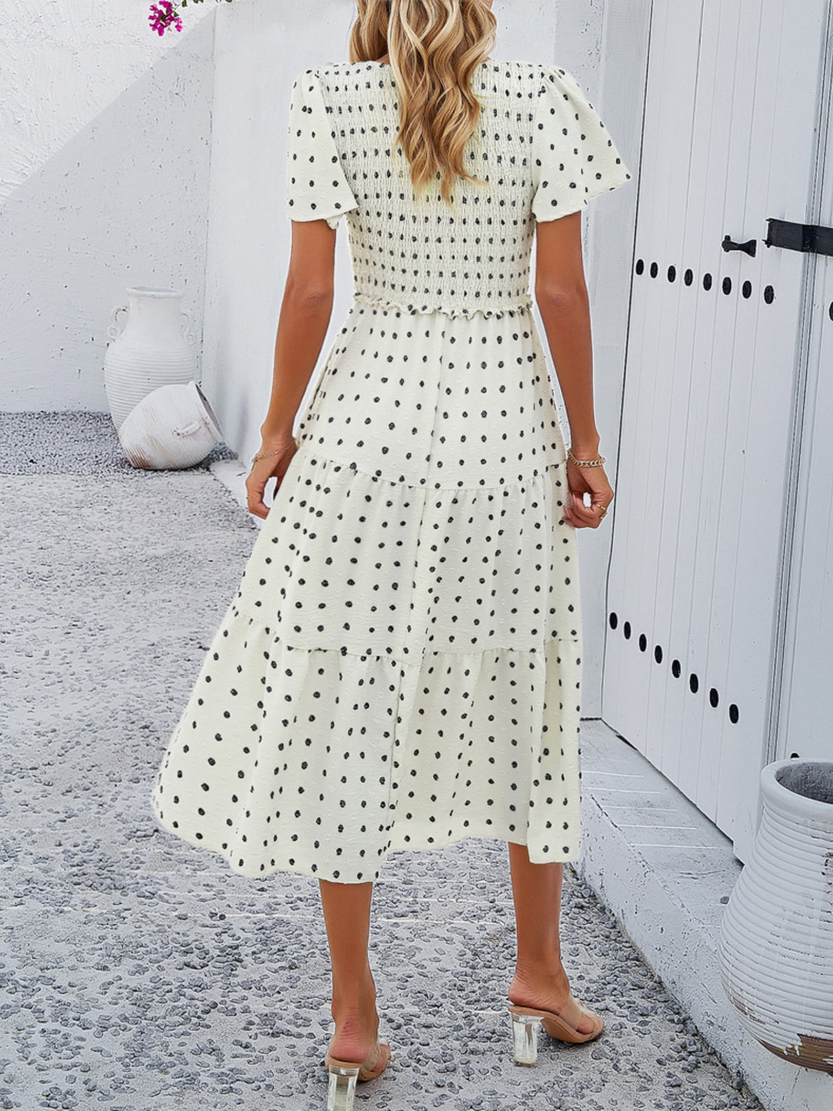 Polka Dots V-neck Tucking And Waist-cinching Short Sleeves Maxi Dresses
