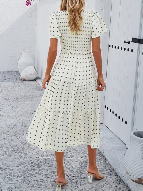 Polka Dots V-neck Tucking And Waist-cinching Short Sleeves Maxi Dresses
