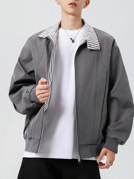 Contrasting Colors Stripes Stand Collar Tooling Loose Leisure Flight Jacket