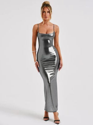Metallic Gloss Spaghetti Strap Bodycon Maxi Dresses
