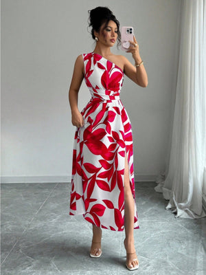 Sloping Shoulders Printed Slit Vacation Leisure Maxi Dresses