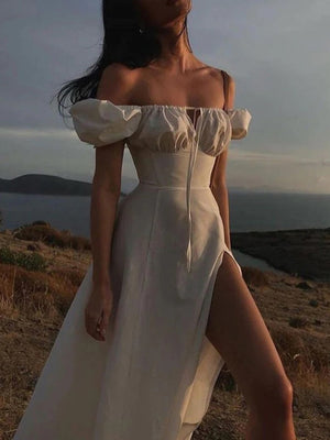Square Collar Bandage Puff Sleeve Slit Midi Dresses