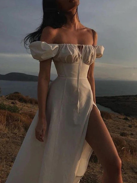 Square Collar Bandage Puff Sleeve Slit Midi Dresses