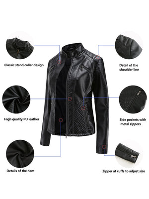 Three-dimensional Decoration Stand Collar Slim Fit Leather Jacket