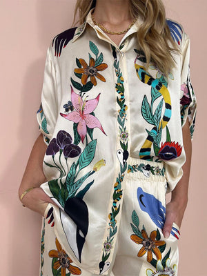 Printed Vacation Long-sleeved Shirt Pants Wide Leg Set 2-piece Sets
