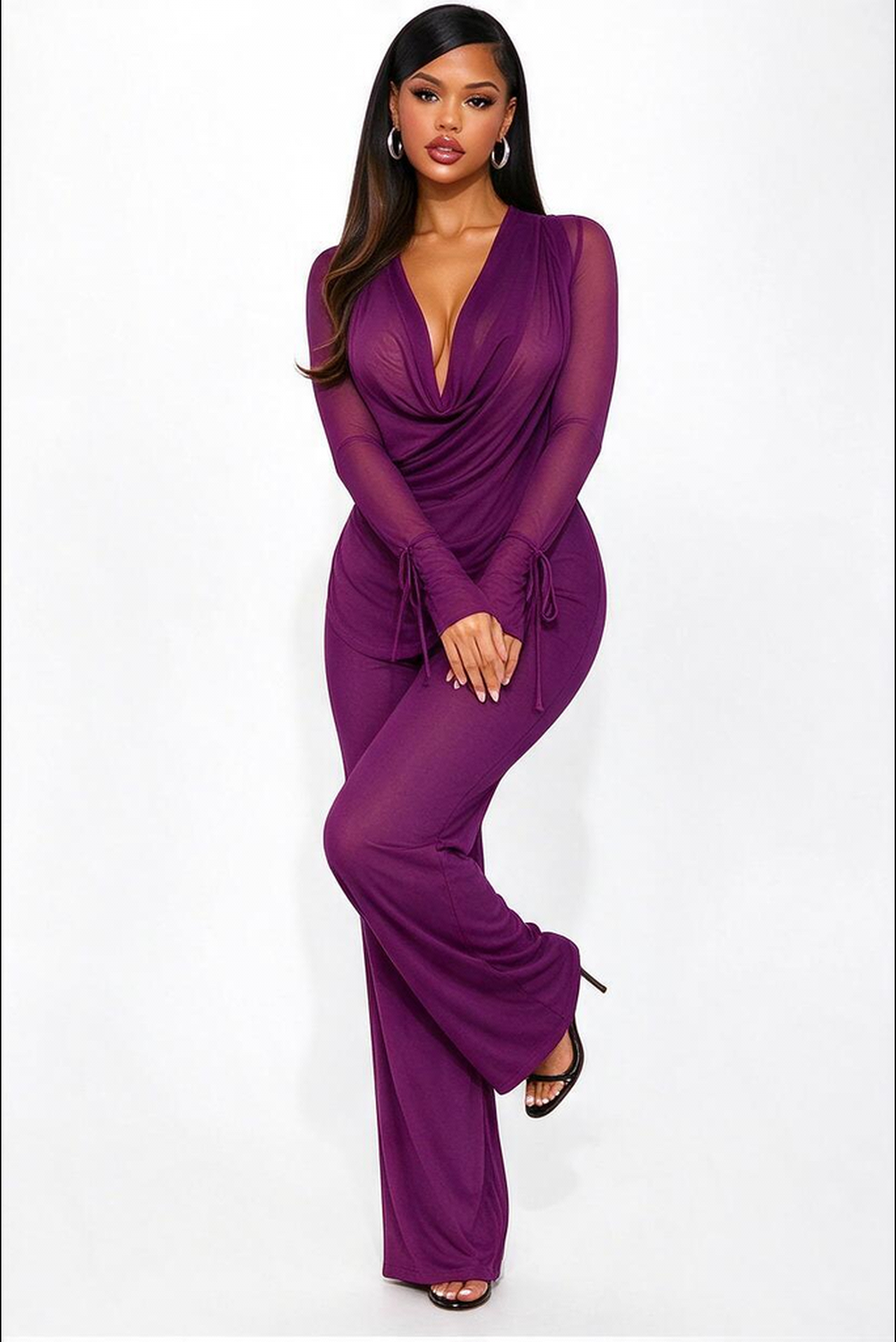 Mesh Halter Neck Tie Long-sleeved Top And Slim-fit Trousers Two-piece Set