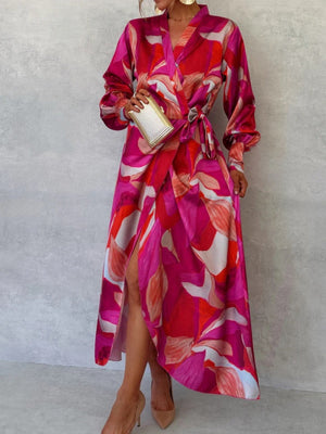 Floral Print V-neck Long Sleeve Lace-up Forks Maxi Dresses