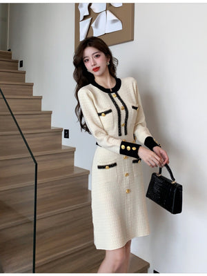 Elegant And Sophisticated Long-sleeved Round Neck Button-down Chanel-style Knit Midi Dress