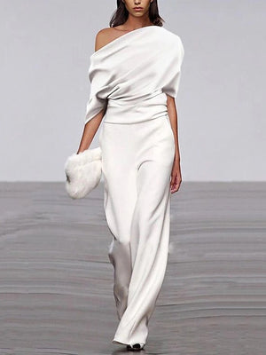 One-shoulder Short-sleeved Pleated Jumpsuit