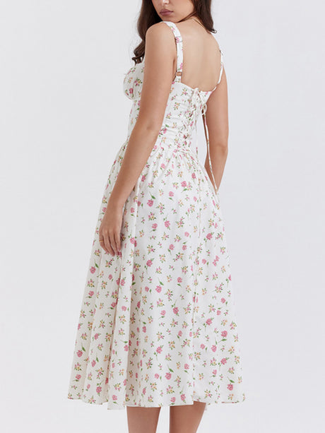 Floral Lace Trim Square Neck Suspenders Sweet Ribbon Maxi Dresses