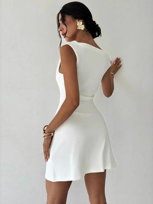 Off-the-shoulder Knitted Irregular Style Cross Neck Splicing Sleeveless Double Layer Slim-fit Short Dress