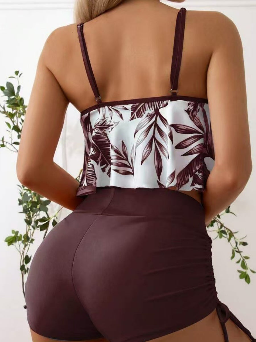 Leaf Print Ruffled Drawstring Boxer Shorts Bikini
