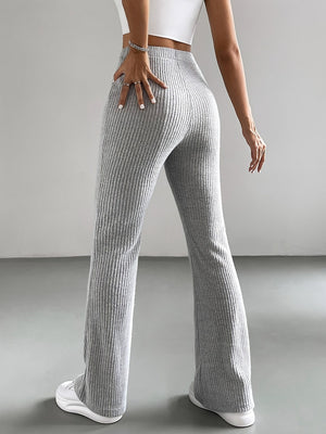 Ribbed Knit Flared Pants Solid Color Casual Pants Slim Fit Yoga Pants