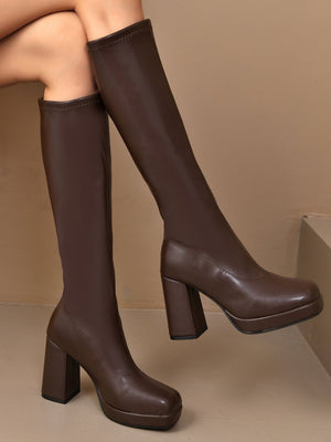 Solid Color Waterproof Platform Elastic Knee-high Women's Boots