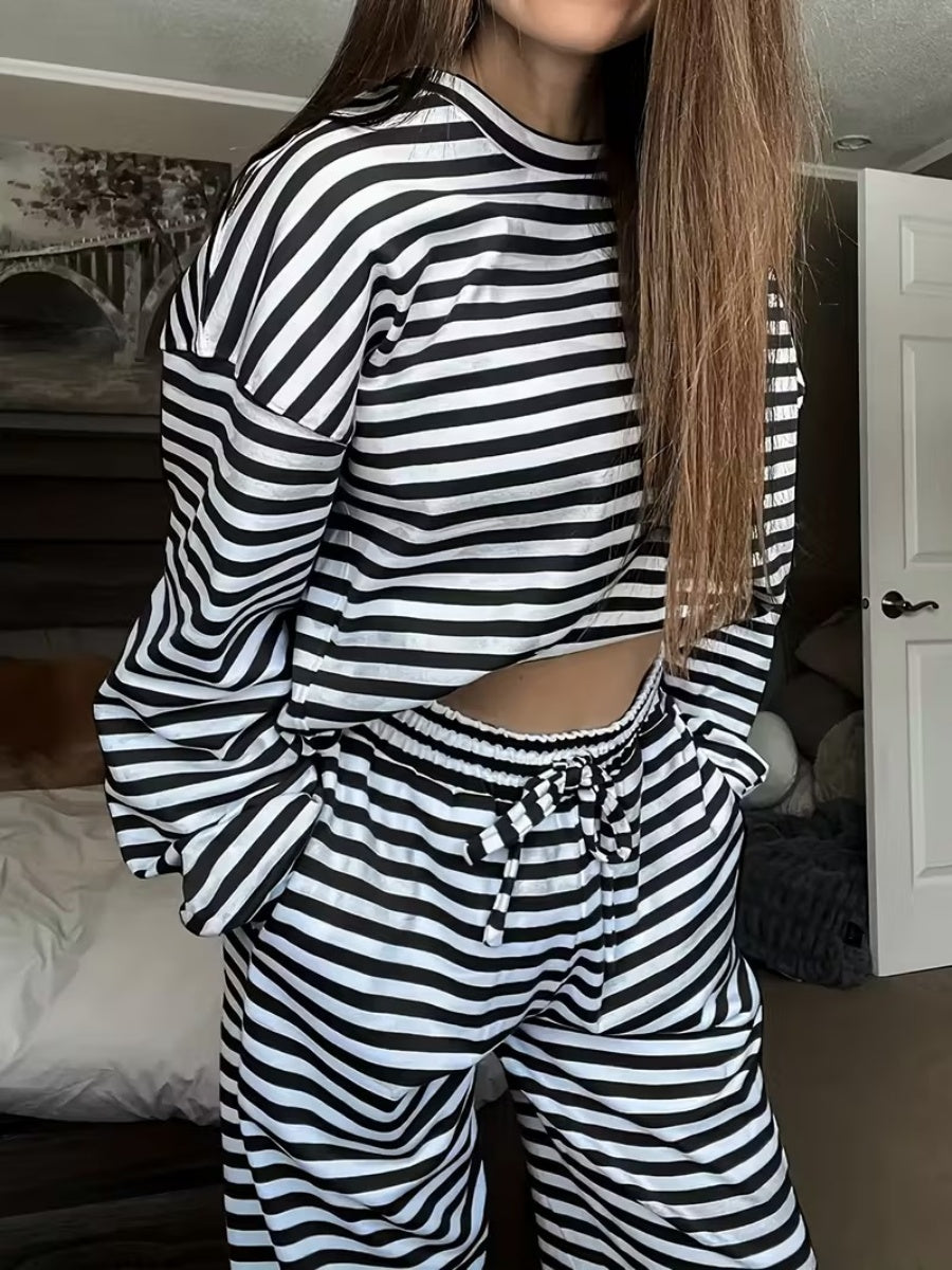 Striped Long-sleeved Top And High-waisted Trousers, Women's Fashionable And Casual Two-piece Set