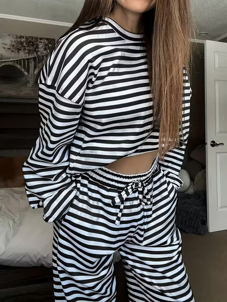 Striped Long-sleeved Top And High-waisted Trousers, Women's Fashionable And Casual Two-piece Set