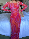 Gauze Printed Perspective Long Sleeve Maxi Dresses