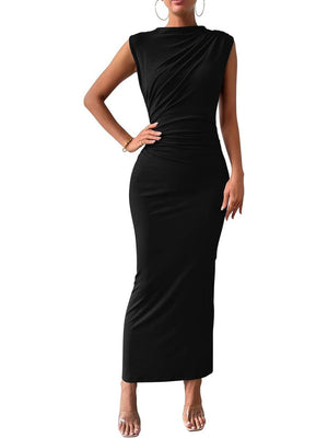 Robe maxi sans manches plissée coupe ajustée, couleur unie