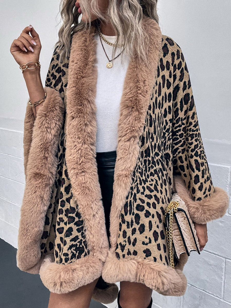 Leopard Print Shawl With Fur Collar Cloak Cardigans