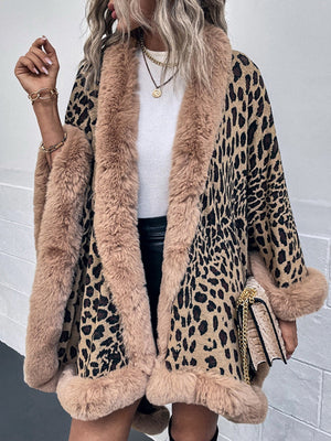 Leopard Print Shawl With Fur Collar Cloak Cardigans