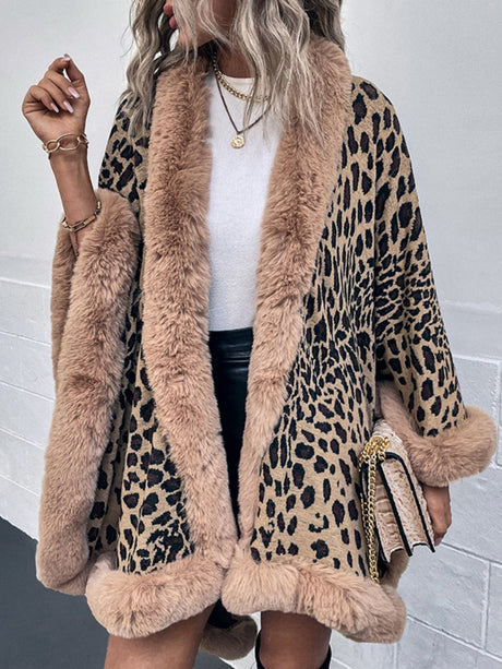 Leopard Print Shawl With Fur Collar Cloak Cardigans