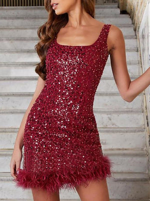 Sequins Feather Splicing Sleeveless Waist-cinching And Hip-hugging Mini&Short Dresses