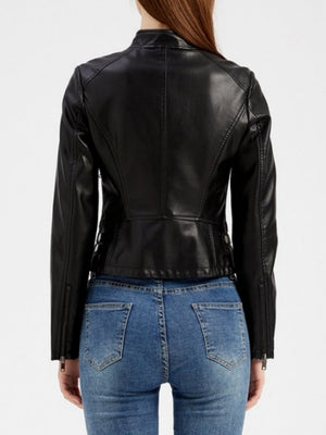 Studs Long Sleeve Stand Collar PU Leather Jackets