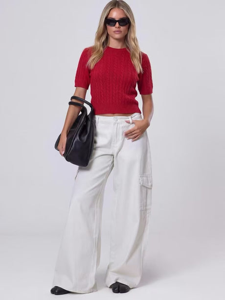 100% Wool Crew Neck Cable Knit Short-Sleeve Pullover Sweater