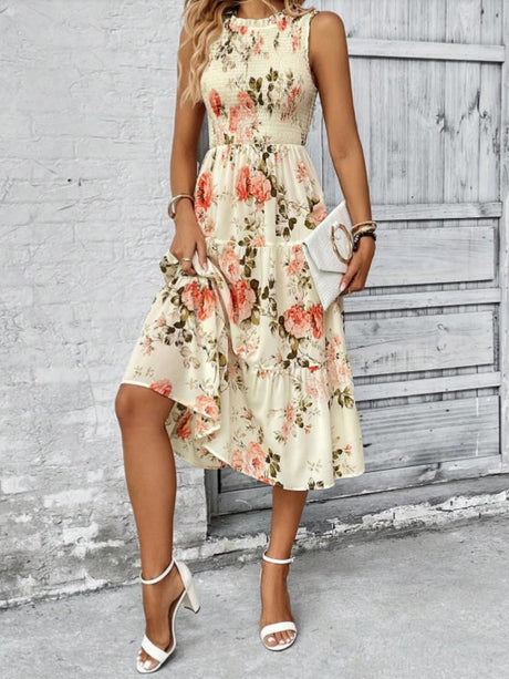 Floral Print Round Neck Sleeveless Maxi Dresses