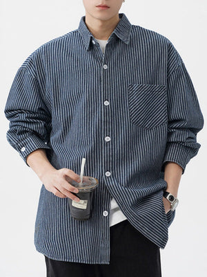 Vintage Wash Denim Striped Long-Sleeve Shirt