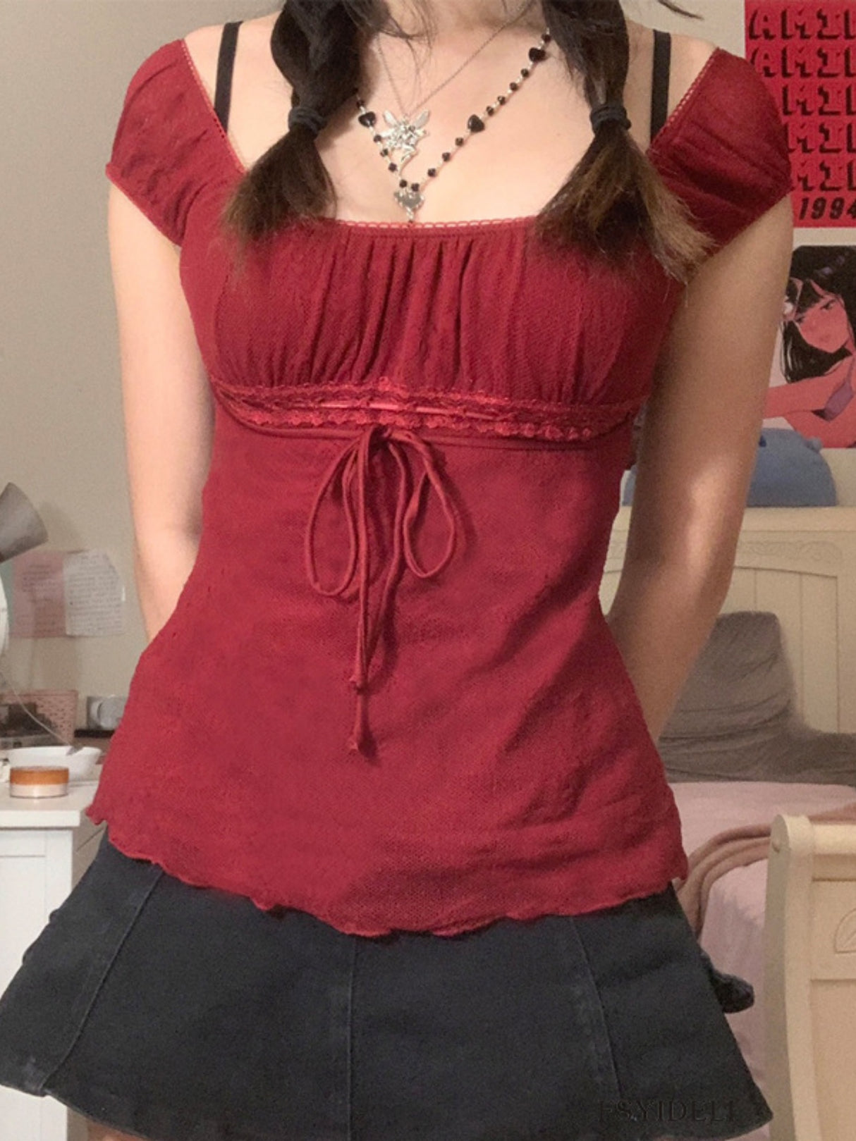 Bow-knot Waist Lace Patchwork Sweet Short Sleeves T-shirts