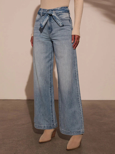 High-waisted Straps Water Wash Straight-leg Jeans