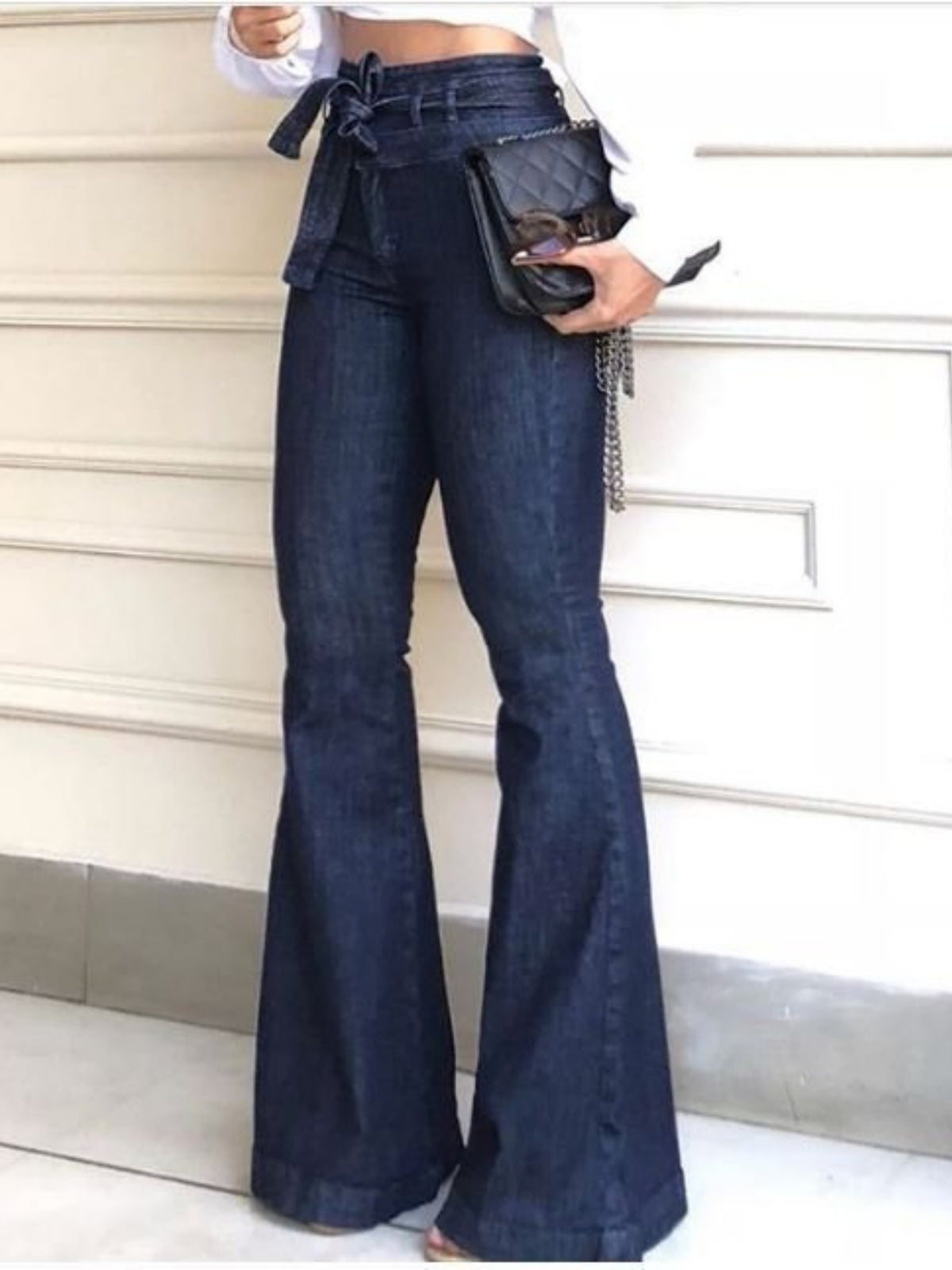 High-waisted, Hip-lifting, Drawstring Flared Jeans